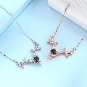 Deer Antlers Heart Pendant Necklace White Copper Gold Plated Memorial 100 languages I Love You Jewelry for Women Choker Valentine Gift