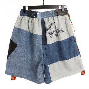 Rrr123 side stitching color strip stitching denim shorts washed ink splashing tooling national style Capri Pants couple