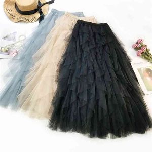 Mode tutu tulle kjol kvinnor lång maxi vår sommar koreansk svart rosa hög midja pläterad kvinnlig 210629