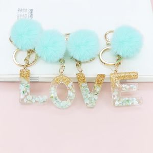 Breloki Słodkie Pompon Letter Wisiorek Brelok Key Chains Pierścienie Dla Kobiet Samochód Akrylowy Glitter Keyring Charm Para Prezenty Akcesoria