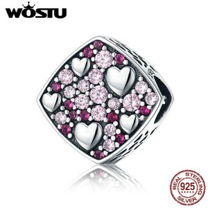 Wostu Marka 925 Sterling Silver Beads Square Heart Pink Crystal Charm Koraliki Fit Kobiety Charm Bransoletka S925 Silver Jewelry CQC471 Q0531