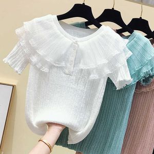 プルオーバー女性汗夏のお菓子の色トップスニット韓国のTシャツ女性服ティーシャツフェムメカイサー210604