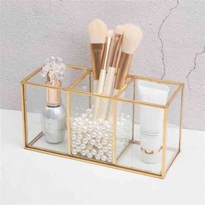 Nordic Transparent Painting Grid Glass Flip Storage Tank Box Luxury Modern Cosmetics Container Makeup Brush 210922