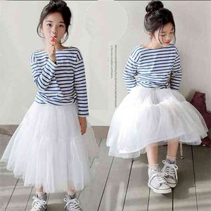 Vit Tutu kjolar för tjejer Barn Solid Lace Rosa Sommar Skirt Girl Cotton Blue Stripe T-shirts Princess Ball Gowns Kids 210622