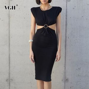 Preto oco out sexy vestido para as mulheres o pescoço sem mangas altas cintura joelho comprimento elegante vestidos estilo feminino estilo 210531