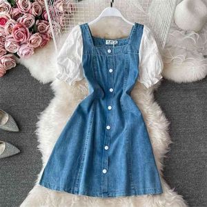 Korean Fashion Women Denim Dress Embroidered Lace Patchwork Short Sleeve Square Collar High Waist A-line Mini Jeans 210603