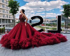 2021 Luxurious Halter Evening Dresses Wear Burgundy Crystals Beaded Tulle Ball Gown Ruffles Tiered Sexy Women Formal Party Prom Dress Open Back