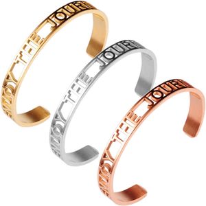 Carvort 8mm Women Inspirational Engraved Mantra Bracelet- Enjoy the Journey- Gold Rose Gold Stainless Steel Bangle for Girls Q0719