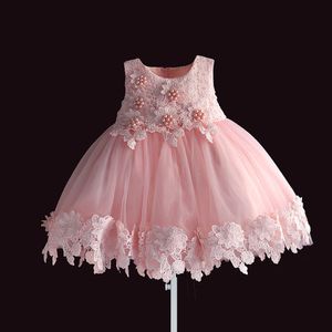 새로운 태어난 아기 소녀 드레스 핑크 레이스 아기 웨딩 파티 공 가운 펄 민소매 소녀 크리스마스 옷 Vestido Infantil 6m-4Y 210312