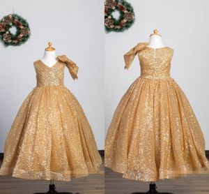 Sparkly Gold Satin Graduation Dresses Prom Toddlers Big Bow Jewel Cap Sleeve Princess Girls Pageant Dress Flower Girl Dress For Wedding Gues
