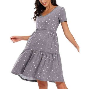 Kvinnors Maternity Dress V Neck Graviditet Klänningar Patchwork Dot Casual Nursing Plisserad Kortärmad Klänning Maternity Kläder G220309