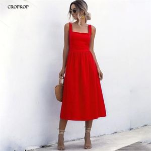 Frauen Langes Kleid Sommer Sexy Backless Casual Weiß Schwarz Geraffte Slip Midi Sommerkleider Damen Plissee Spaghetti Strap Kleidung 210316