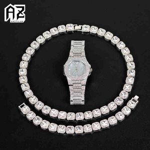 13mm Width One Row Bling Stone Iced Out Necklace Bracelet Watch Set for Men Gold Silver Color Cuban Hand Chain Choker Jewelry