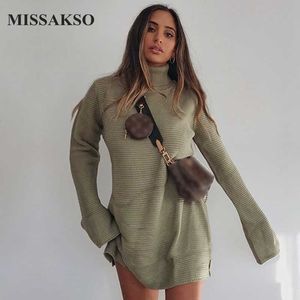 Missakso Women Autumn Sweater Turtleneck Dress Split Streetwear Long Sleeve Fashion Sashes Bited Party Casual Loose Mini Dress 210625