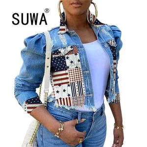 Boho denim jaqueta para mulheres outono floral apliques bordado casaco vintage tops manga longa Outerwear mulheres atacado 210525