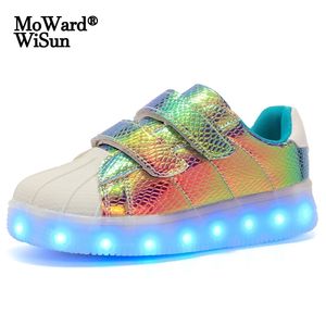 حجم 25-37 أطفال أحذية مضيئة مع مضاءة أحذية الأطفال الوحيد مع أضواء led usb شحن متوهجة أحذية رياضية للنات بنات 210308