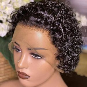 Кружевные парики вьющиеся короткие боб пикси вырезать перуанские волосы для волос человека для черных женщин плотность 150% воды Remy Virgin