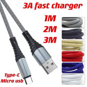 3A Aluminium Alloy Fabric Braided Type-C-kablar 1m 3FT 2M 6FT 3M 10FT Micro V8 5PIN USB Data Laddningskabel för Moblie Phone