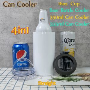 16oz Sublimation 4in1 Can cooler with 2 Lids and Straw Stainless Steel Cola Bottles Double Wall Coffee Mug New Arrival by express