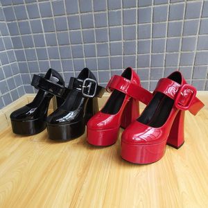 Women Ladies Patent Leather Super 15cm High Heel Shoes 4.5cm Platform Pumps One-line Pine Cake Thick Bottom Sexy Dance Party Wedding Buckle Dress Marry Jane