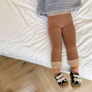 Winter 1–7 Jahre Mädchen All-Match-Strick-Röhrenhose Kinder-Leggings mit Patchwork-Unterseite und weichem Fleece-Futter 210708