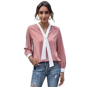 Mulheres chiffon blusa casual v-pescoço gravata laço retalhos de manga longa senhora senhora camisa outono primavera moda rosa femme blusa 210526