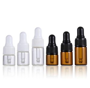 Tom Mini Essential Oil Bottles 1ml 2ml 3 ml Amber Clear Små glasprov Dropperflaska med Svart Vit Cap Droppers Tube Sn2773