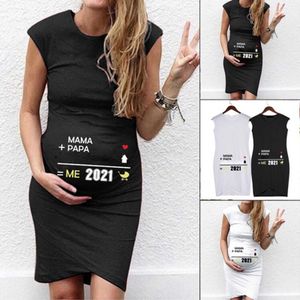 Klänning Kvinnor Maternity Ärmlös Gullig O-Neck Digital Skriv ut Tank Toppar Graviditet Klänning Robe Femme Kläder för gravida kvinnor Q0713