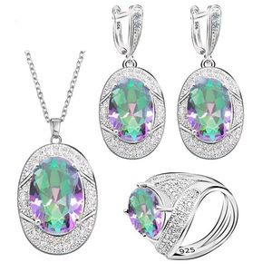 Geometric Rainbow Semi-precious Silver Color Jewelry Sets for Women Gift Earrings Necklace Pendant Ring H1022