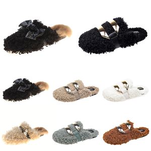 Wholesale Newly autumn winter womens slippers metal chain all inclusive wool slipper for women outer black grey wear plus big szie Muller half drag shoes