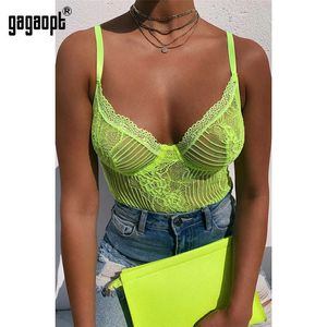 Gagaopt Sexy Spitzen-Bodysuit, rückenfrei, transparente Spitze, Netzstoff, Teddies, Damen-Overalls, dünne Neonmode, Träger, Bodys, Y0927