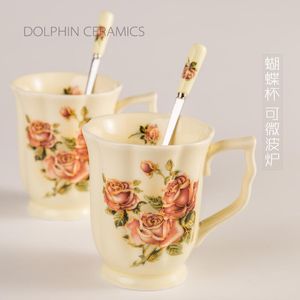 Wholesale tea cup spoons resale online - Mugs Korean High Temperature Resistant Queen Rose Ceramic Milk Breakfast Tea Cup Butterfly Delivery Spoon Microwave
