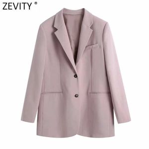 Zevity女性のファッションシングルブレスト緩いフィッティングブレザーコートビンテージ長袖ポケット女性の上着シックトップスCT662 210603
