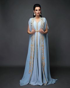 Light Sky Blue Chiffon Long Sleeve Evening Dresses Moroccan Kaftan With Gold Embroidery Lace Islamic Dubai Saudi Arabic Prom Dress Caftan Formal Occasion Gowns