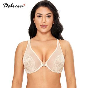 DOBREVA Women's Front Closure Unlined Underwire Plus Size Minimizer Bralette Lace See Through Bra DD E F Cup 210623