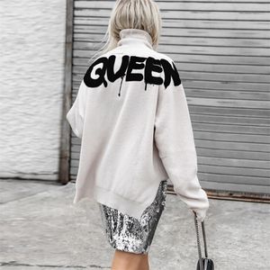 Kvinnor Casual Turtleneck Queen Printed Sweatshirt Höst Långärmad Oversize Pullover Toppar Streetwear Mode Side Split Hoodies 210910