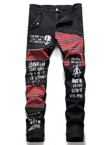 Spring Punk Męskie dżinsy zszywające Patch Nit Pants Rock Letter Skull Print Pants Locomotive Spodni Pantalones para hombre vaqueros