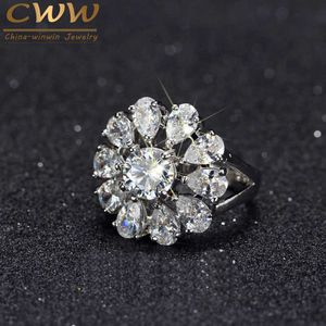 Brilliant Cubic Zirconia Crystal Big Flower Cocktail Ringar för Kvinnor Party Smycken Tillbehör R087 210714