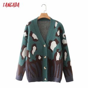 Tangada Women Elegant Green Leopard Cardigan Vintage Jumper Lady Fashion Oversized Knitted Coat 3F31 211011