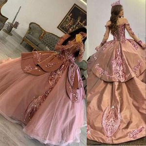 2021 Bling Tozlu Pembe Prenses Quinceanera Elbiseler Gül Altın Sequins Dantel Kristal Kapalı Omuz Uzun Kollu Örgün Pageant Parti Abiye Vestidos