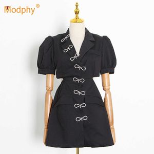 Parlak Kristal Yay Yaz Elbise Siyah Kadınlar Seksi Kısa Kollu Hollow Rahat Parti A-Line Mini Moda Kadın Trend 210527