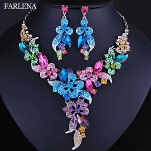 Farlena Wedding Jewelry多色クリスタルラインストーンフラワーネックレスイヤリング女性アフリカのブライダルジュエリーセットH1022
