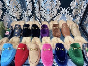 High Quality Designer Leather Velvet Fur Slippers Women Autumn Winter Loafers Classic Metal Buckle Embroidery Shoes Luxury Lazy Slides loafer Slip-On 34-42 with box