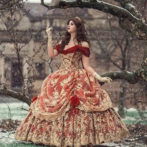 Vintage röd guld gotisk prom klänningar av axel medeltida boll gown viktorianska spetsar korsett renässans kväll klänningar skräddarsydda