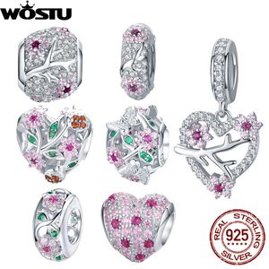 WOSTU подлинный 925 стерлингового серебра сливы Blossom бусины цветок розовый Zircon Charm Fit оригинальный браслет кулон DIY ювелирные изделия Q0531