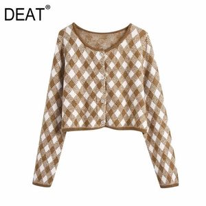 [Deat] mulheres em volta do pescoço único-breasted manga longa argyle tricô cardigan suéter outono primavera moda 13c175 210527