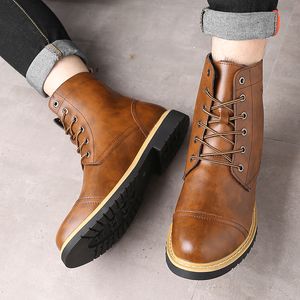 Winter Warme Retro Herren PU Leder Stiefel Khaki High-top Britische Stiefeletten Männer Herbst Bequeme Schuhe Große Größe 38 46