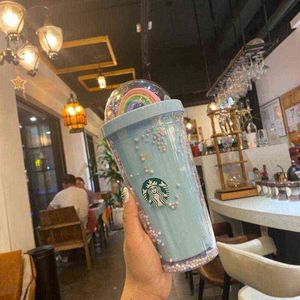 450 мл милые радужные Starbucks Tumblers Cup Mugs Double Plastic с соломинкой для домашних животных для детей для взрослых девочек. Подарочные продукты FY4479 H1102