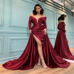 Burgundy Mermaid Evening Dresses With Detachable Train Long Sleeves Occasion Prom Gown Custom Made Ruched Satin Formal Party Dresses
