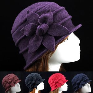 Stingy Brim Hatsバケツキャップビンテージフラワーデコレーションフェルト帽子ソリッドハンドメイドウールブレンド厚い暖かい女性冬ファッションアクセサリー